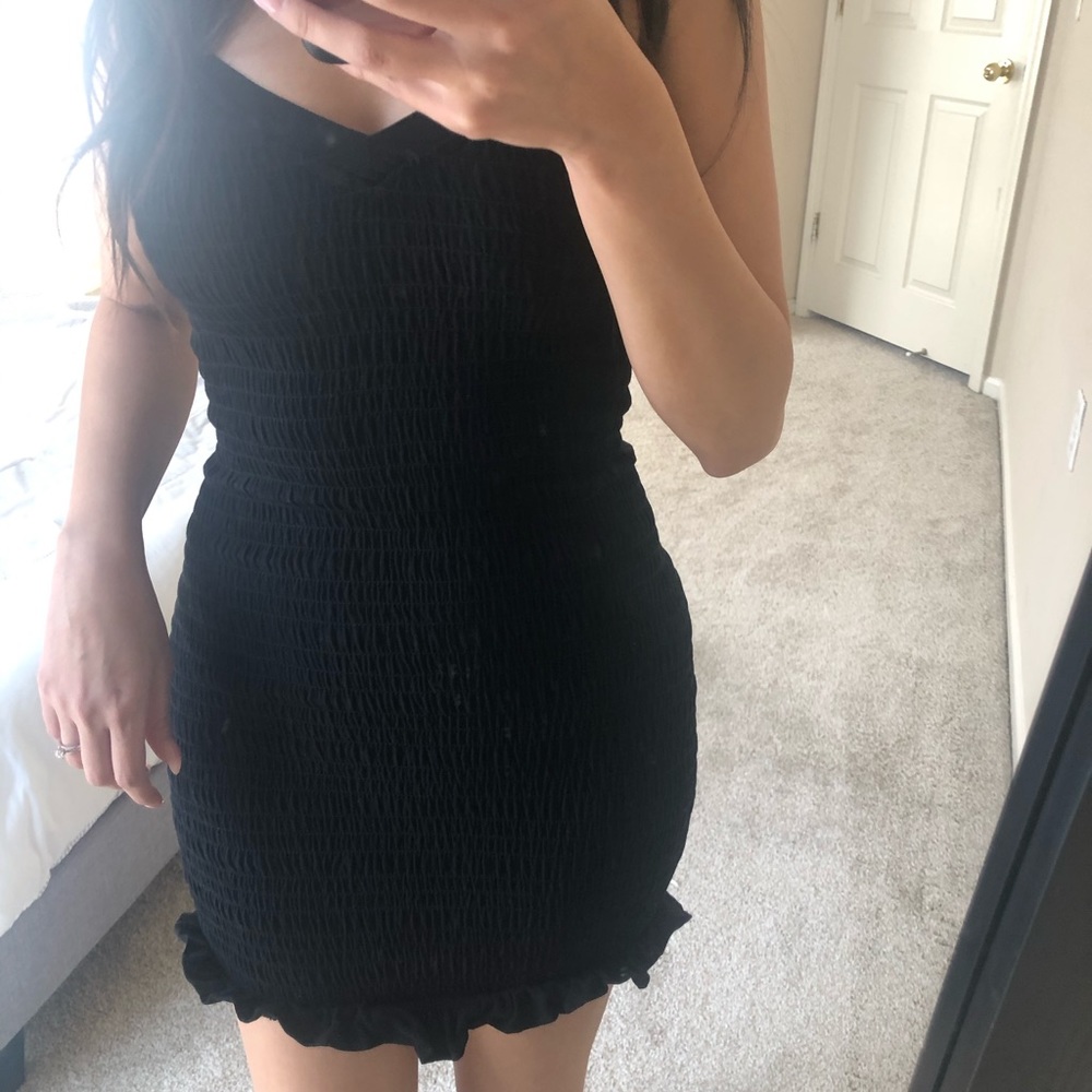 ANGL Malibu Sky Black ruched fitted dress